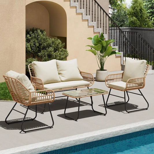 Outdoor 4 Piece Furniture Set Cushions And Tempered Glass Table