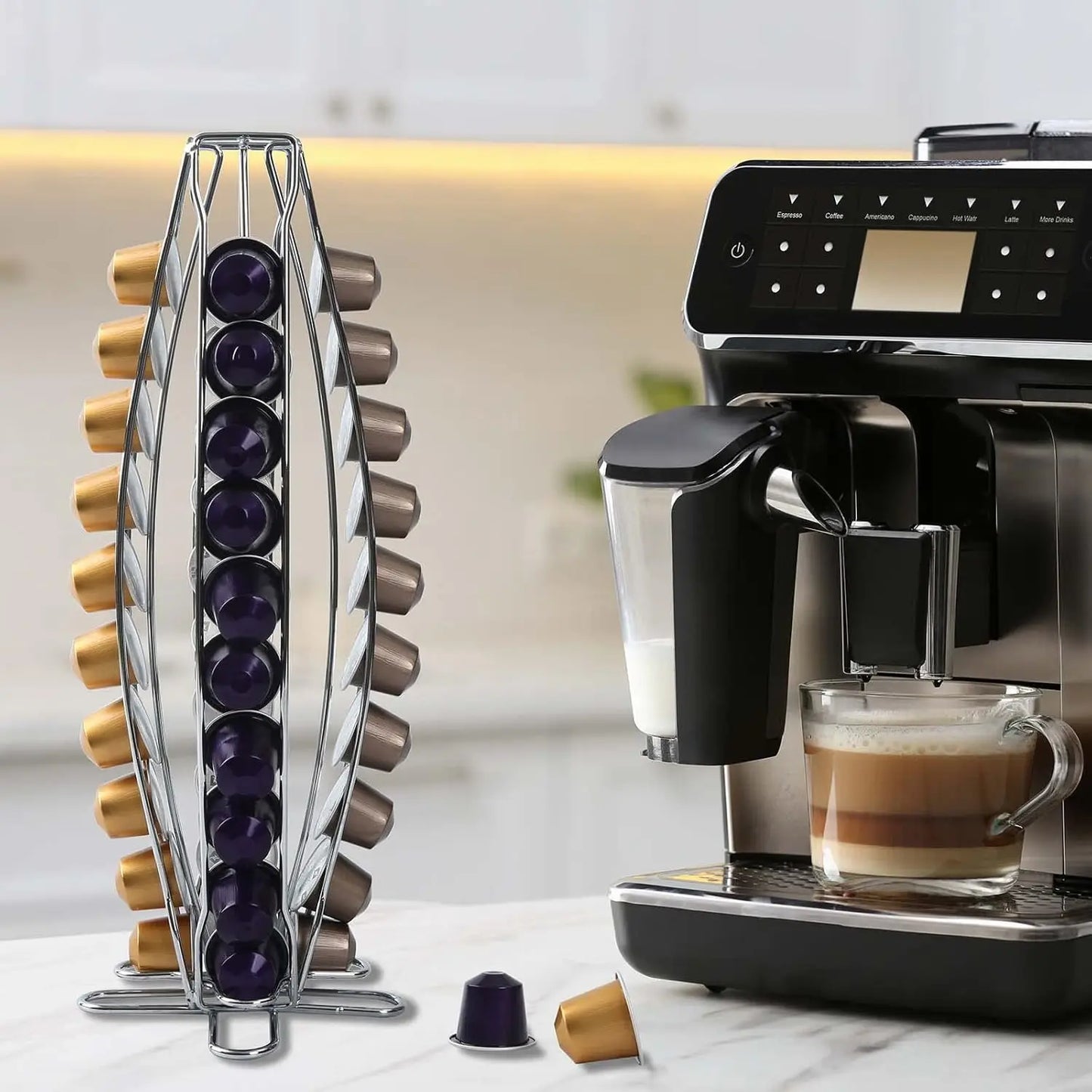 Lorena Rotating Coffee Pod Holder 40 Capsules Capacity Metal Coffee Capsule Storage Rack Stand Organizer Chrome Plated Coffee Pod Dispenser For Nespresso Capsules Kitchen Counter Coffee Station Accessories