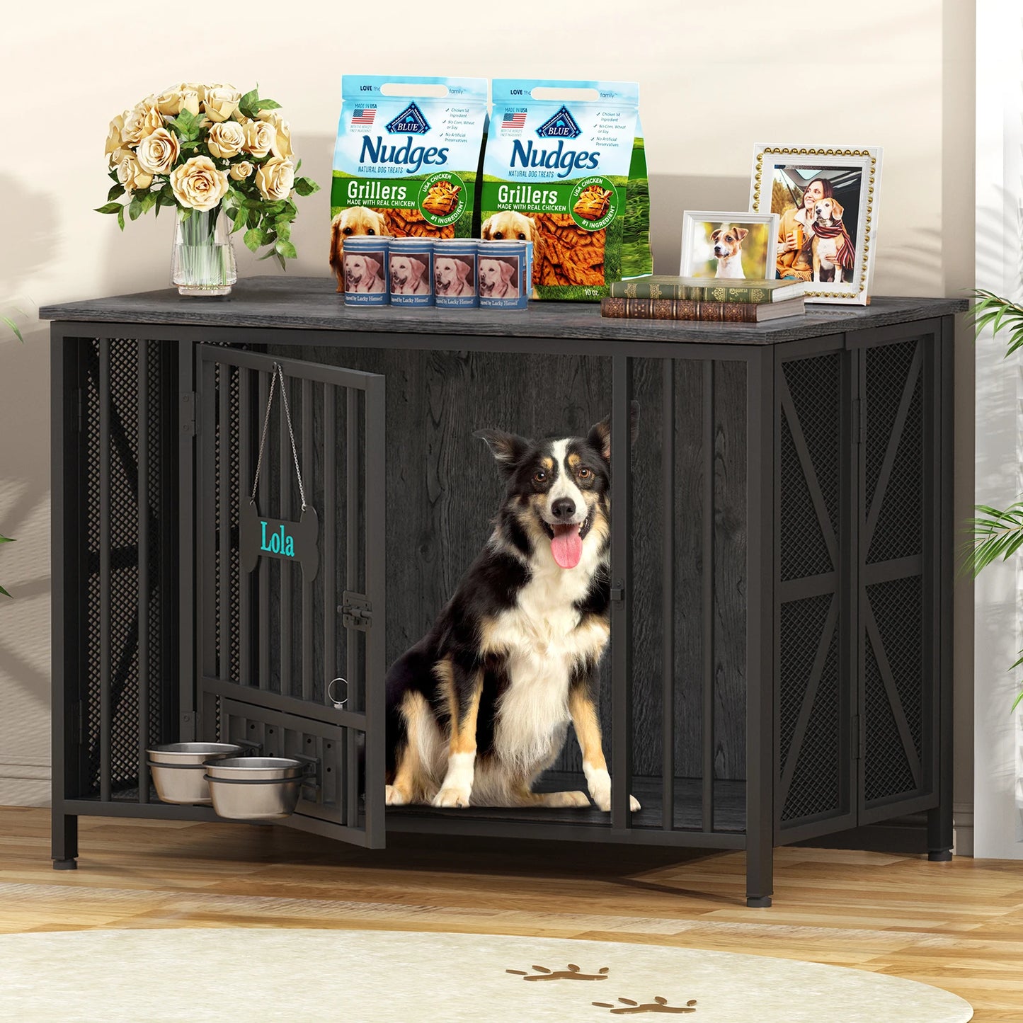 Foldable Wooden Dog Crate Kennel For Indoor Use With Bowls