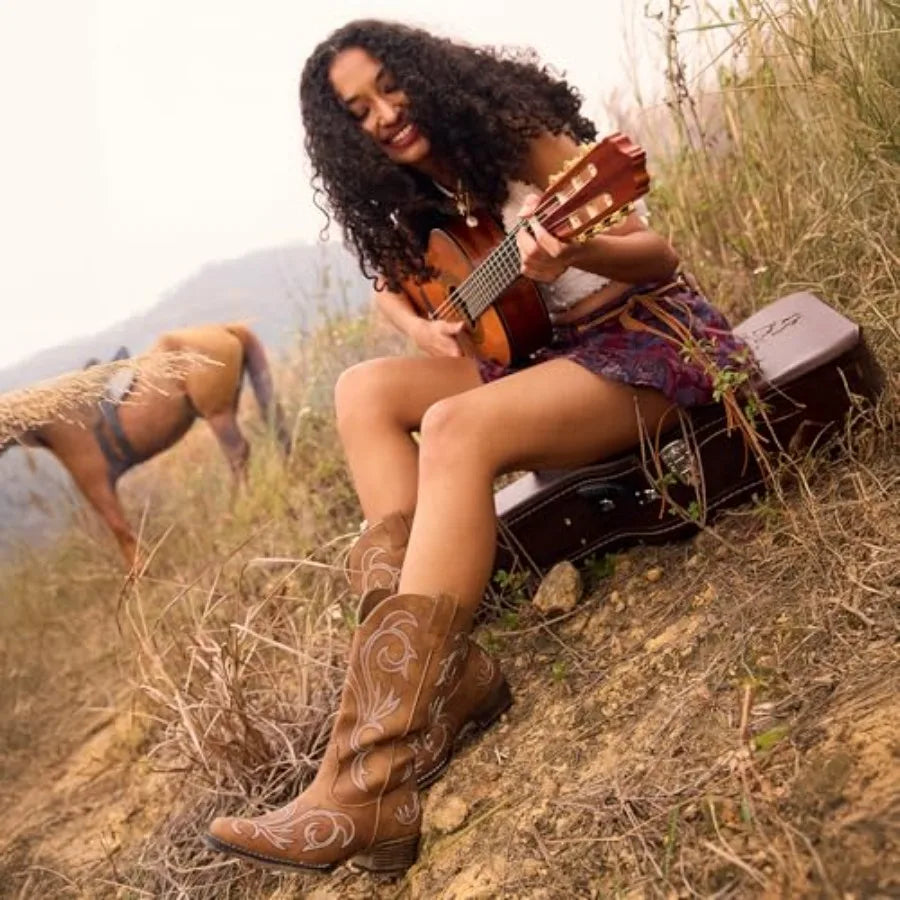 Mid Calf Women's Embroidered Square Toe Western Cowboy Boots