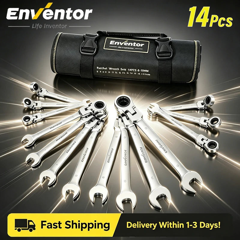Enventor 14 Pieces Ratcheting Wrench Set 180° Flex Head Metric 6-19mm Combination Ratchet Wrenches Set Rolling Pouch For Garage