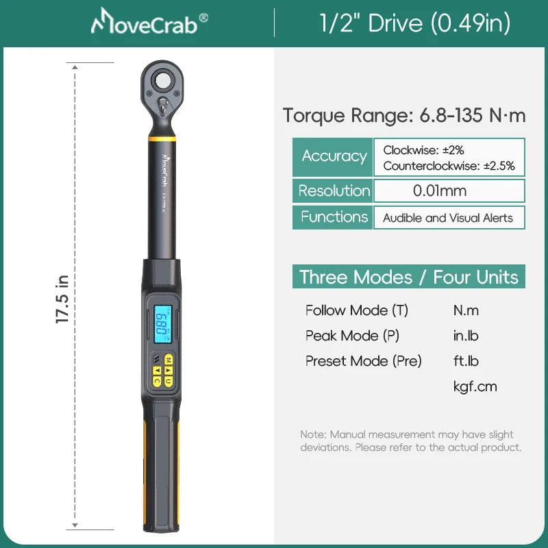 MOVECRAB 1/2 3/8-inch Drive Digital Torque Wrench 3-340N.m/2.2-250.8ft-lb Preset with LED/Buzzer Alerts for for Bike Motorcycles Automotive Mechanical
