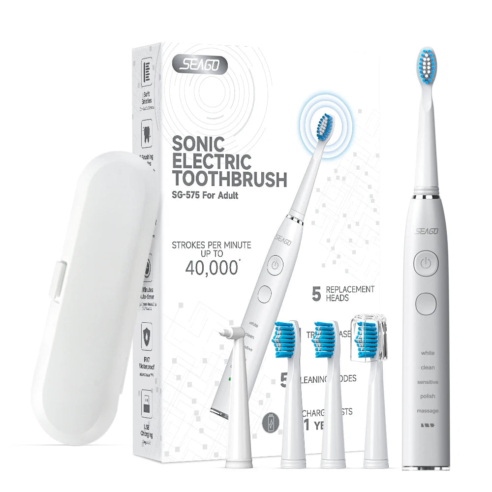 Seago Sonic Electric Toothbrush With 5 Modes And 5 Heads Travel Box