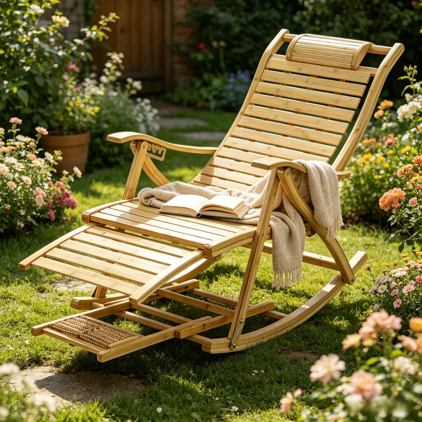 Folding Bamboo Rocking Chair for Indoor Outdoor Living