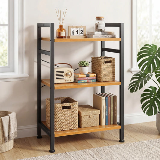 MCQ 3 Tiers Bookshelf Wooden Storage Standing Display Bookshelf Sturdy Structure Graduated Shelves Adjustable Feet for Home