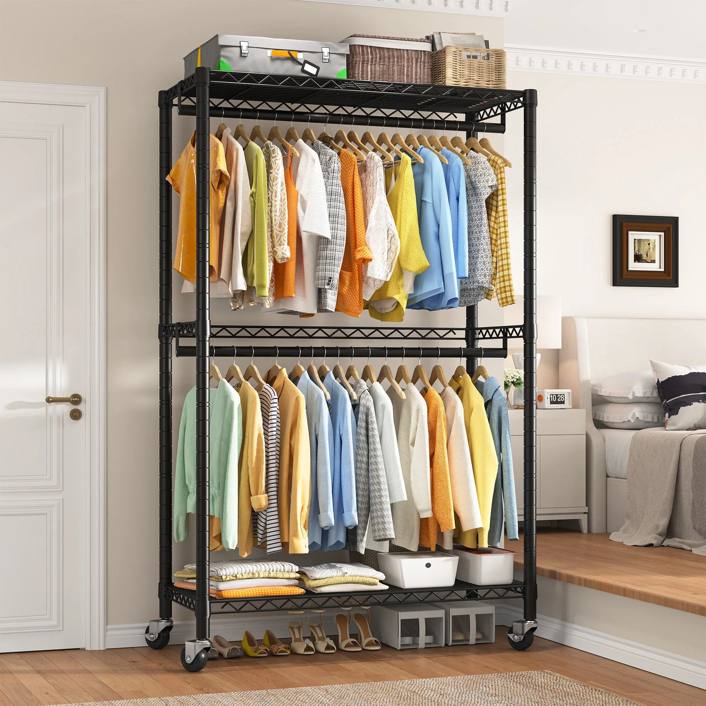 EnHomee Heavy Duty Portable Closet with Wheels – Rolling Garment Rack & Shelves for Bedroom Clothes Storage