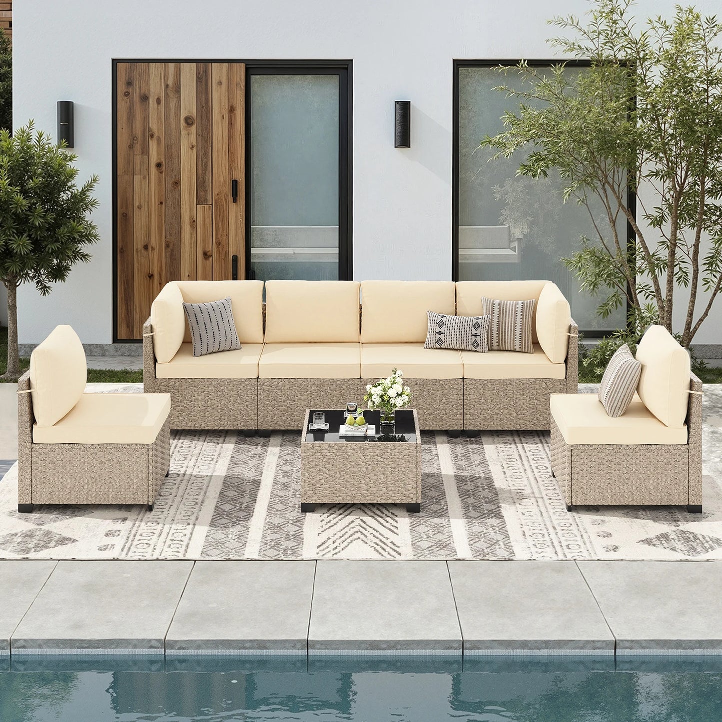 Outdoor Rattan Patio Set With Tempered Glass Table All Weather