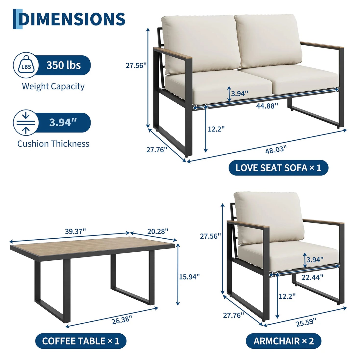 HobbyLane Modern 4-Piece Outdoor Patio Conversation Set