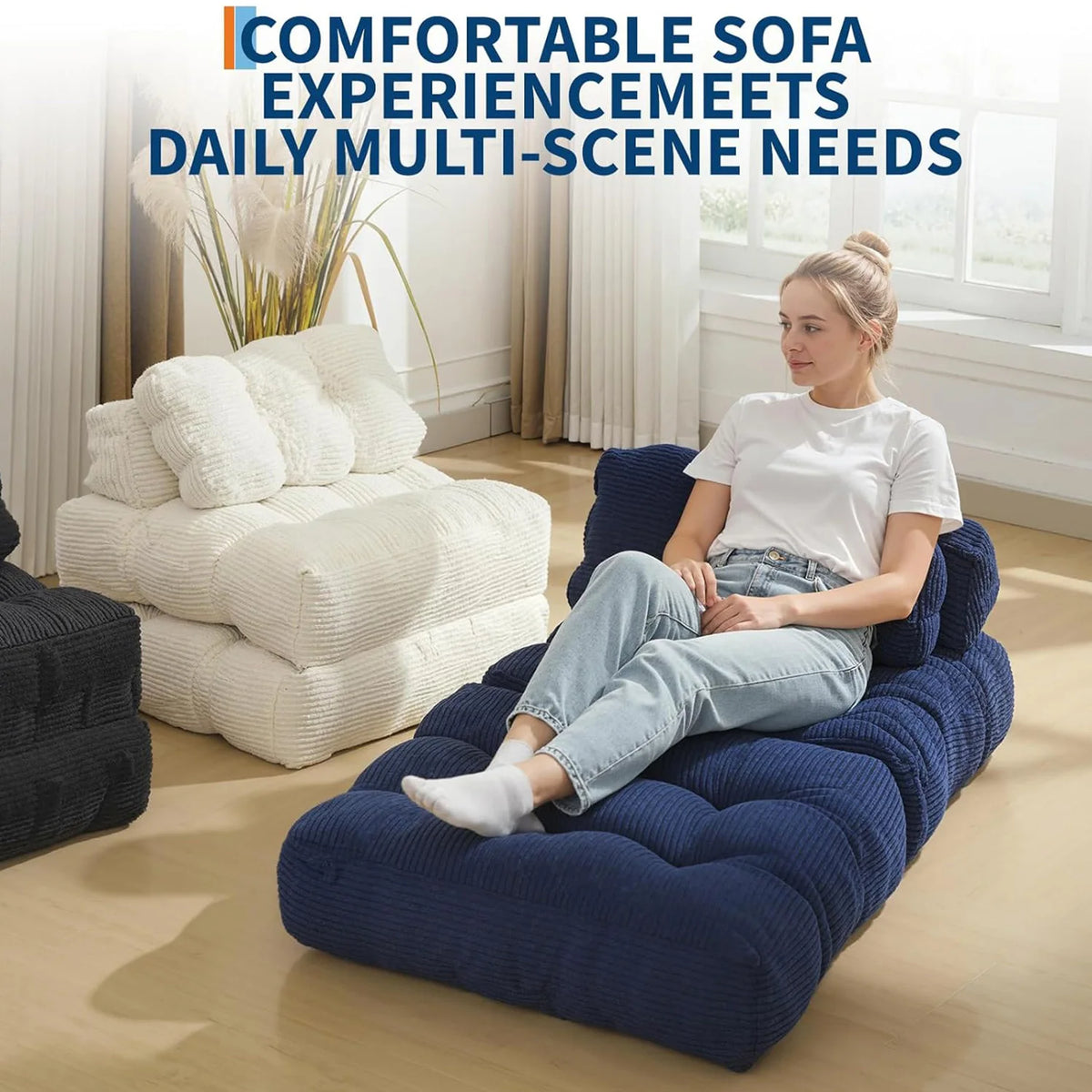 HiMiss Modern Foldable Sofa Bed With Soft Fabric Upholstery