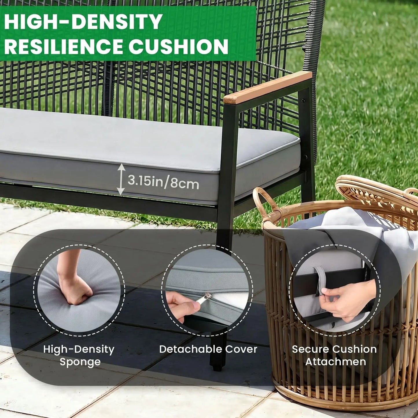 Modern Rattan Patio Loveseat With Wpc Armrest