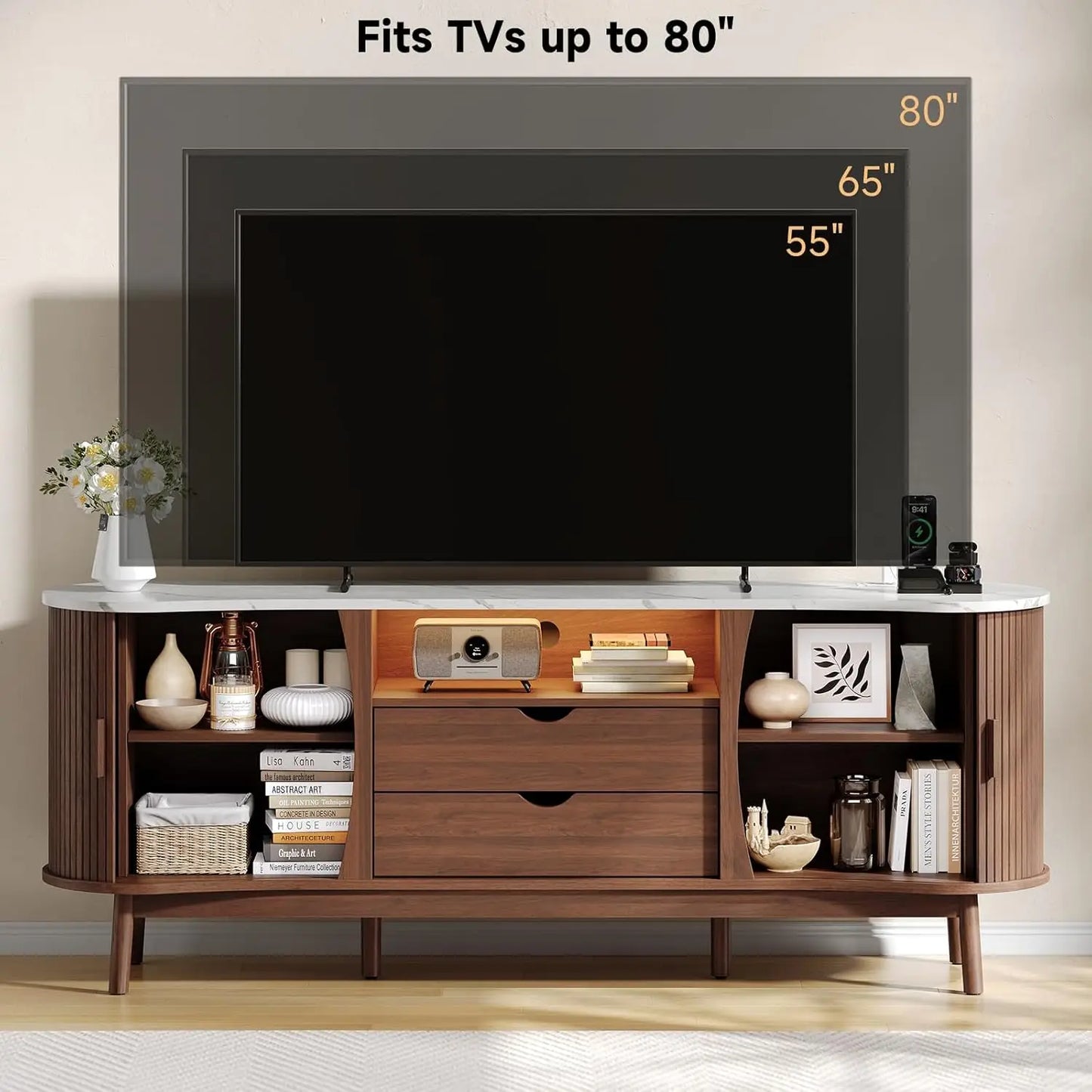 Onbrill 70 Inch Fluted Tv Stand Entertainment Center