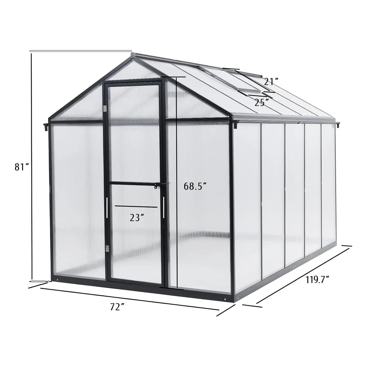 Walk-in Polycarbonate Greenhouse With Aluminum Frame And Roof Vent Lockable Door