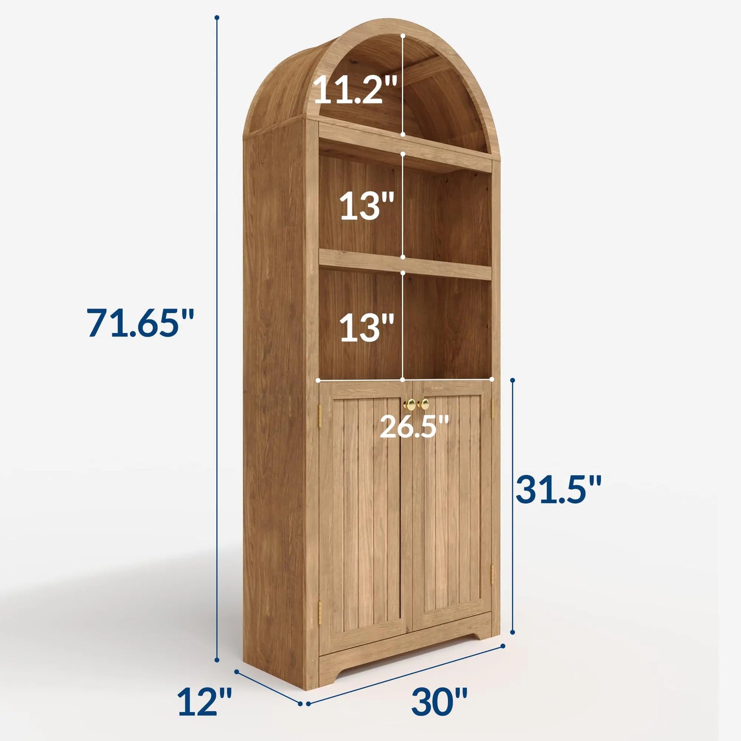 Arched Bookcase with Doors, 71 Inch Tall Storage Bookshelf with Cabinet and Shelves, Wooden Display Bookcase for Living Room, Home Office, White with Black Handles