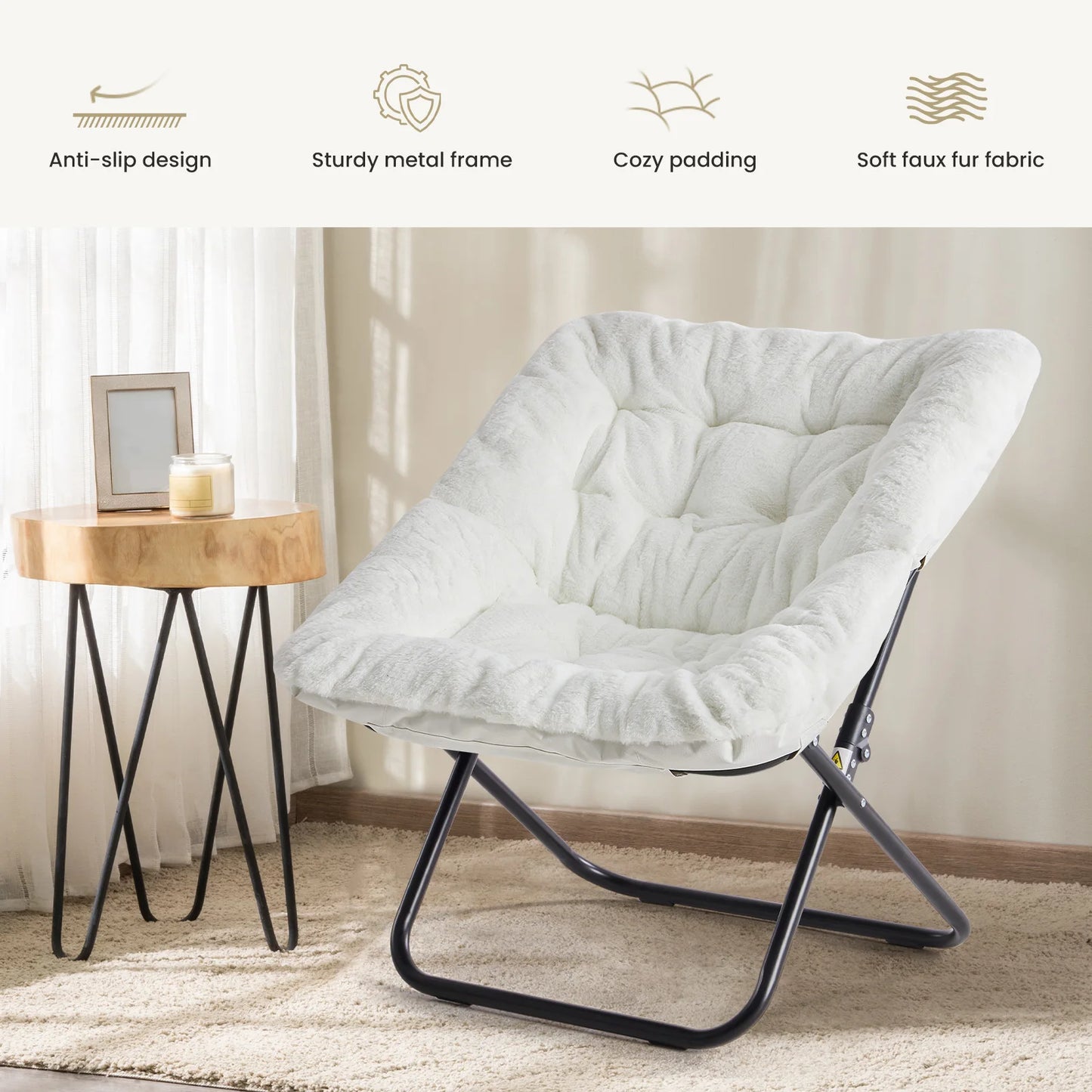 JHK Large Faux Fur Saucer Chair With Metal Frame