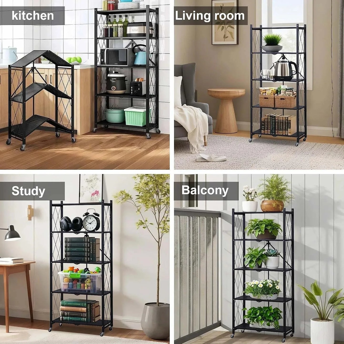 Heavy Duty 5-Tier Collapsible Metal Storage Rack with Wheels, 63x28x15in Rolling Shelf, No Assembly Kitchen Organizer, Freestanding Pantry Garage Microwave Stand, 600 LBS Capacity, Black