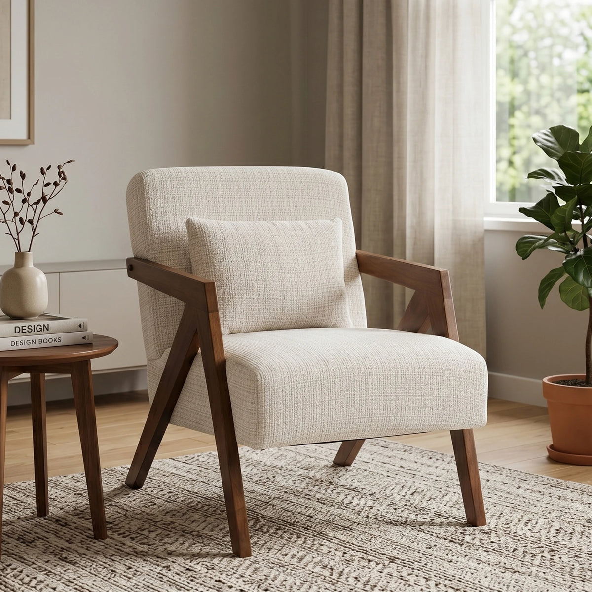 Mid Century Modern Z Shaped Wooden Frame Chenille Armchair