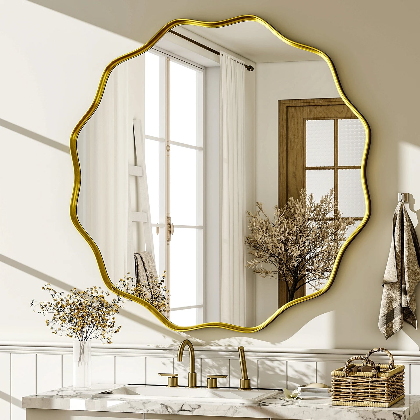 BEAUTYPEAK Wavy Round Decorative Wall Mirror With Deep Frame