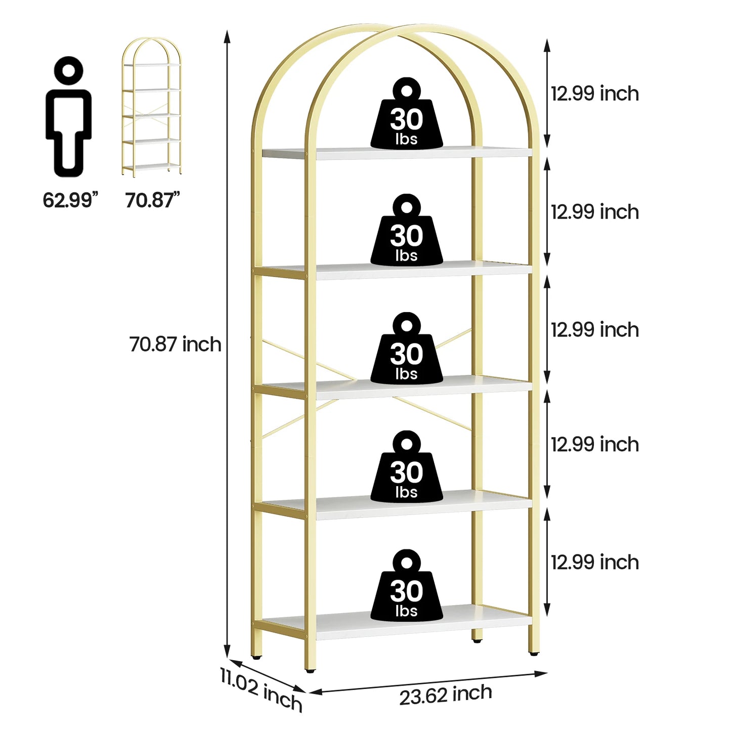 HiMISS 5 Tier Bookshelf Arched Display Metal Frame Bookcase