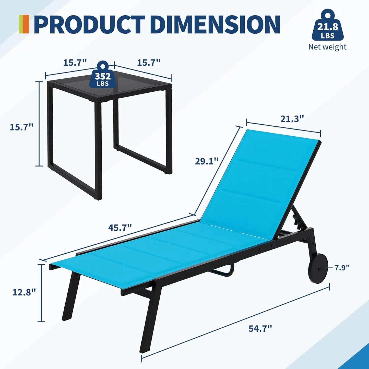 HiMISS 3 Piece Patio Chaise Set With Side Table And Wheels Outdoor