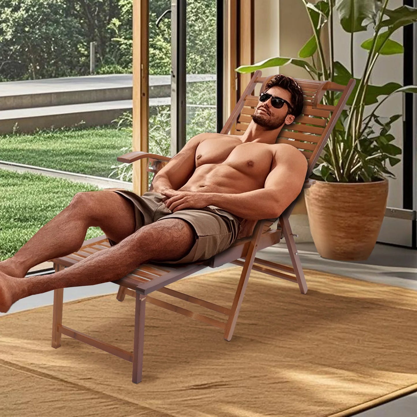 Bamboo Folding Lounge Chair With Adjustable Backrest