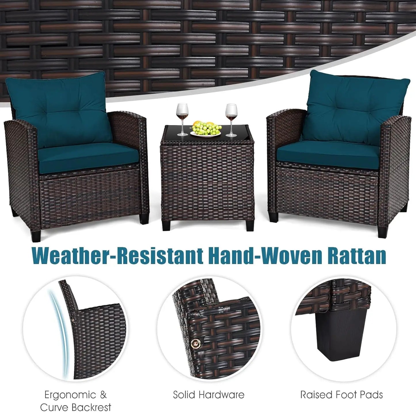 PE Rattan 3 Piece Outdoor Patio Sofa Set With Cushions