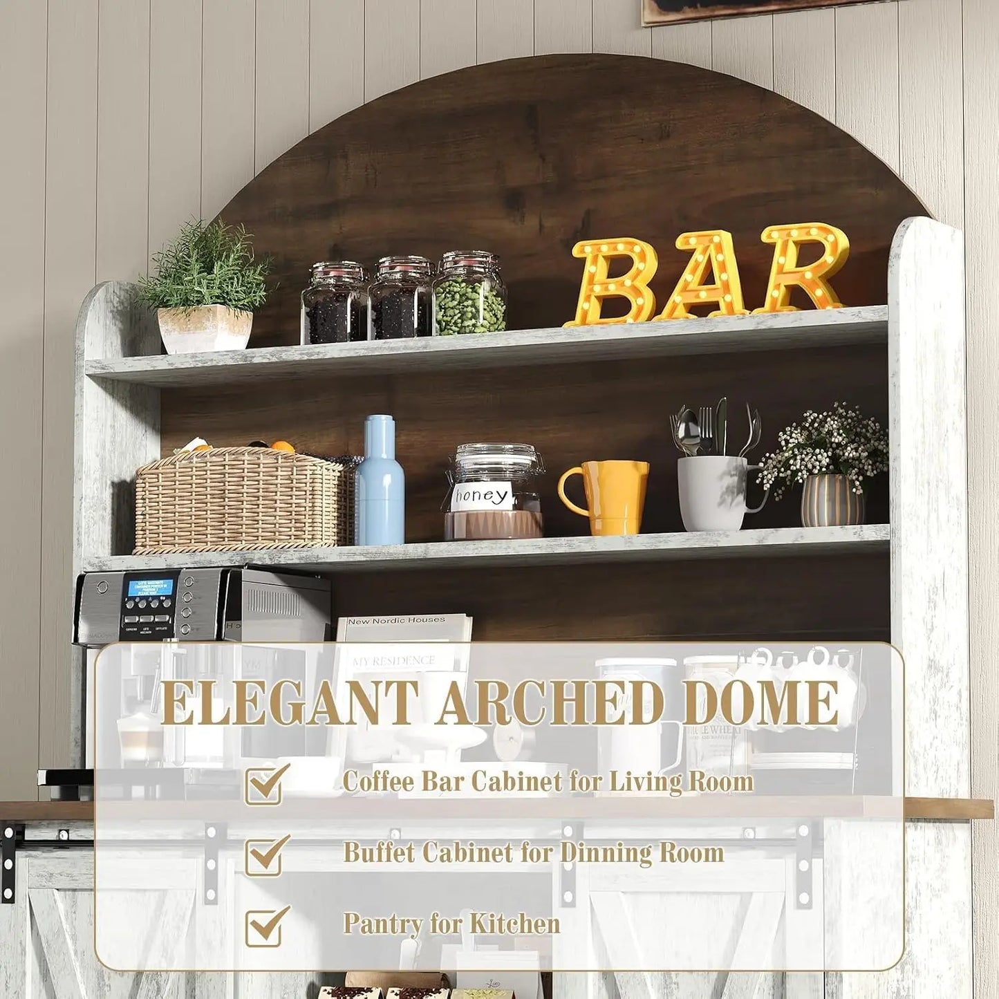 Coffee Bar Cabinet With Sliding Barn Doors And Wine Rack