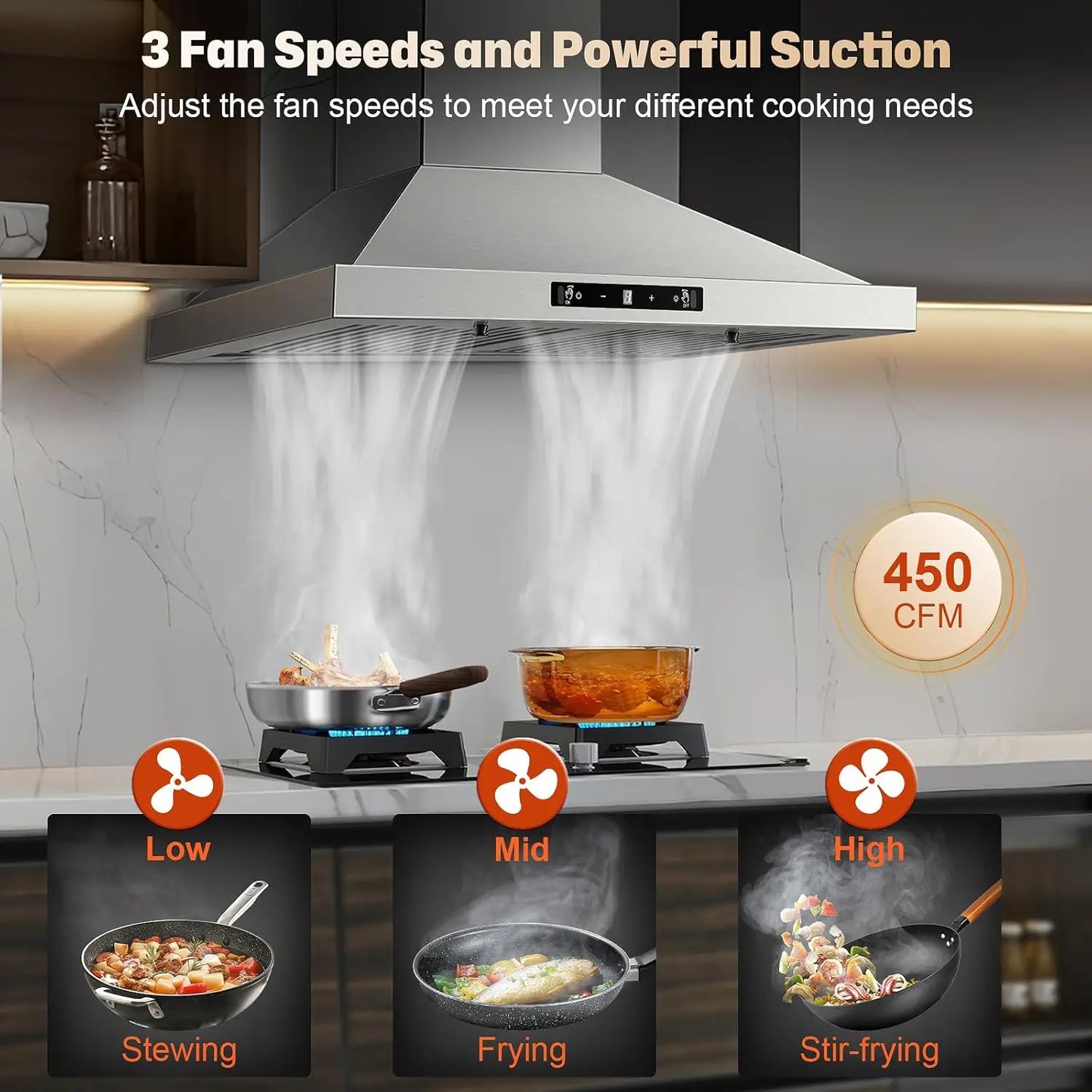 Tieasy Wall Mount Range Hood Stainless 450 CFM Gesture Sensing