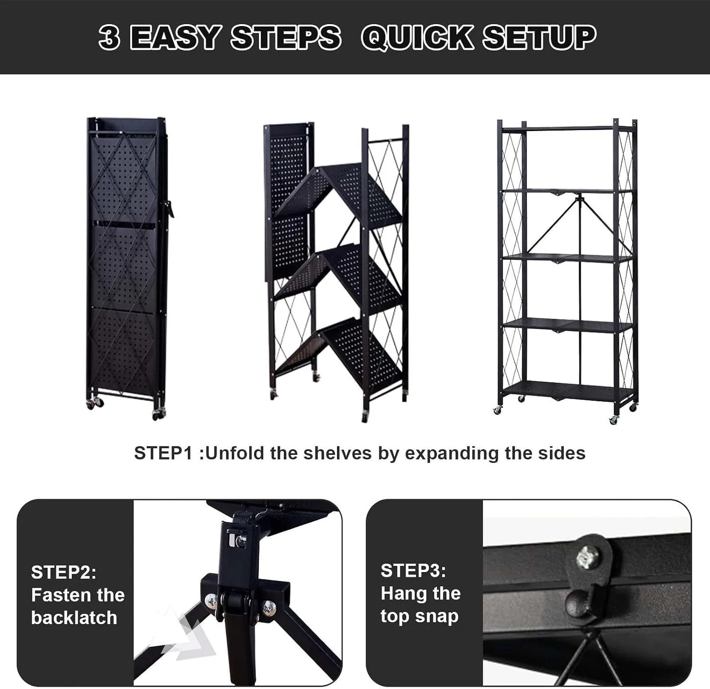 Heavy Duty 5-Tier Collapsible Metal Storage Rack with Wheels, 63x28x15in Rolling Shelf, No Assembly Kitchen Organizer, Freestanding Pantry Garage Microwave Stand, 600 LBS Capacity, Black